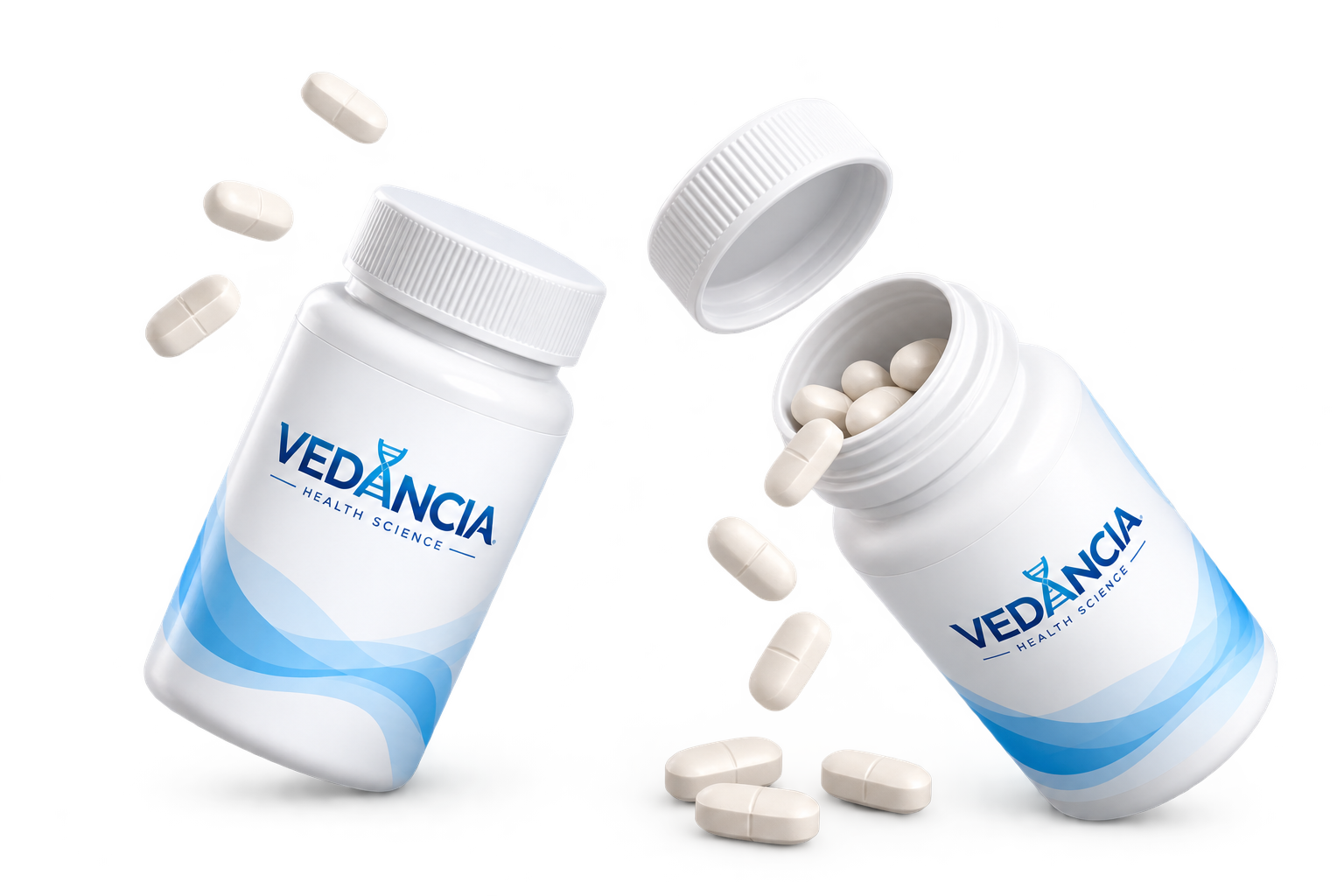 Open supplement bottle with capsules